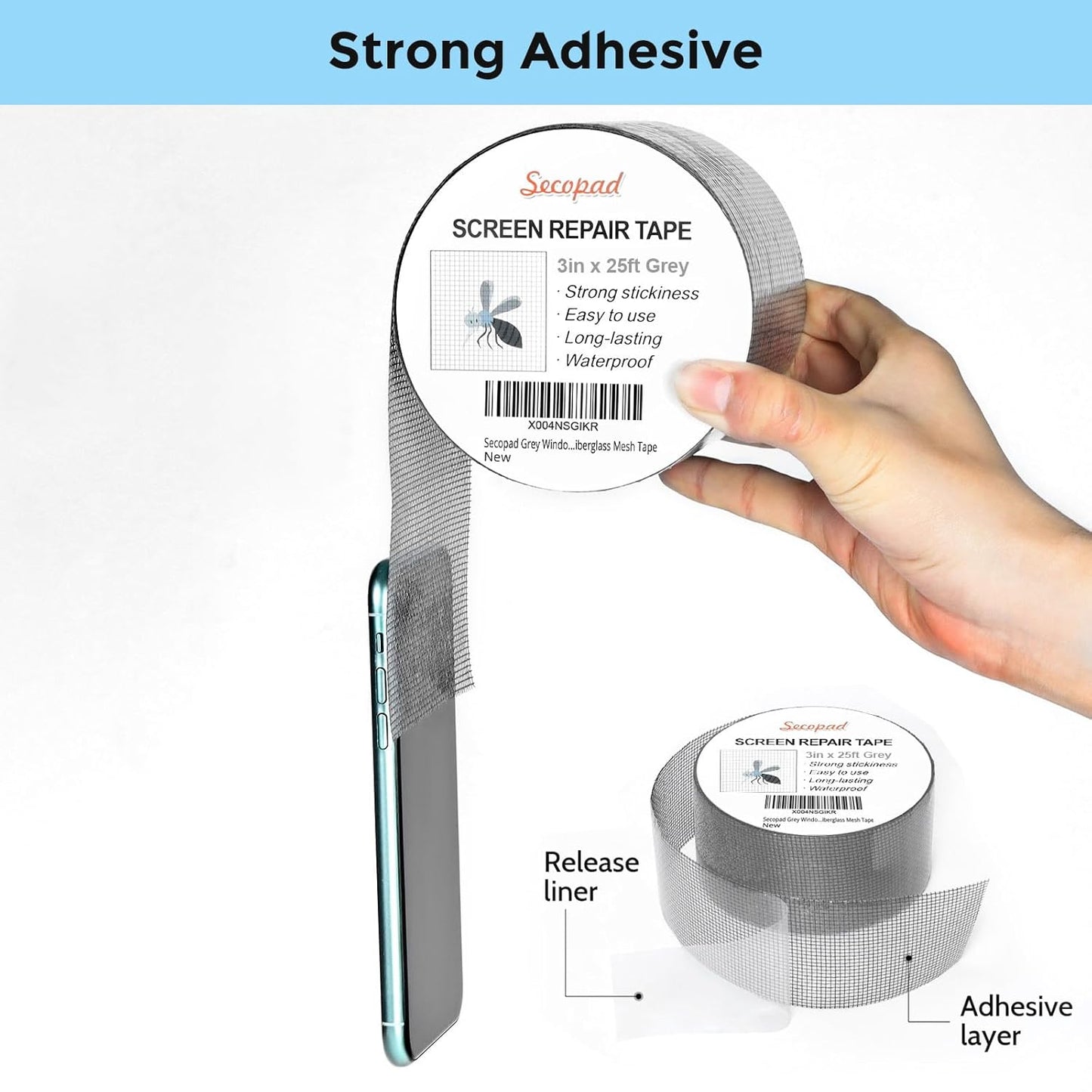 Grey Window Screen Repair Tape, 3IN X 25FT (300IN) Screen Repair Kit for Windows or Doors, Strong Adhesive Patch Kit Fiberglass Mesh Tape
