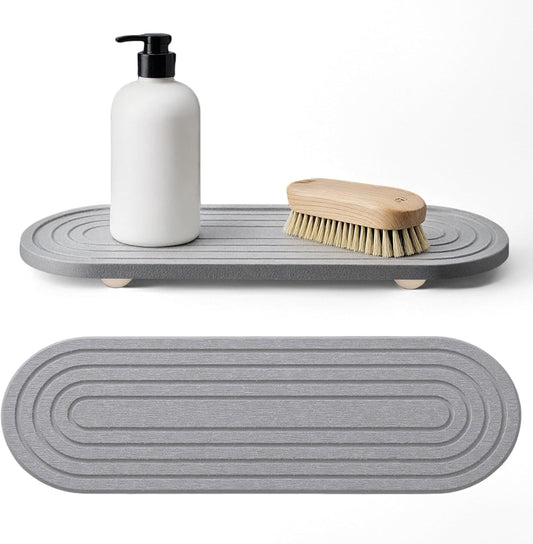 Instant Dry Sink Caddy Organizer, Fast Drying Sink Caddy, Water Absorbing Stone Sponge Holder for Kitchen and Bathroom Countertop with Natural Loofah and Wooden Feet