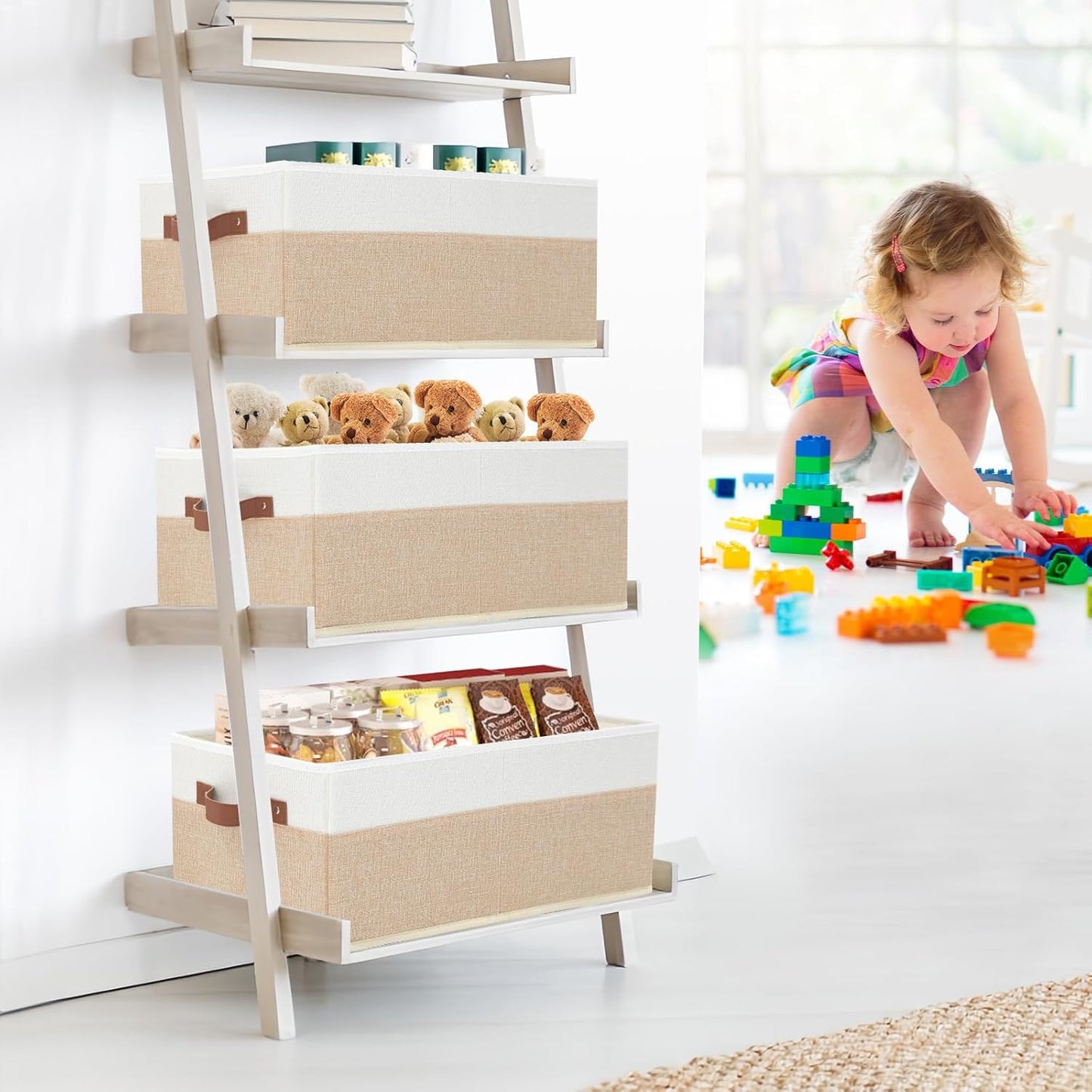 Closet Organizer Bins 3 Pack, Large Storage Bins for Shelves, Foldable Closet Storage Boxes Baskets with Leather Handles for Organizing Clothes, Sheets, Jeans, Toys, Books（Begie）