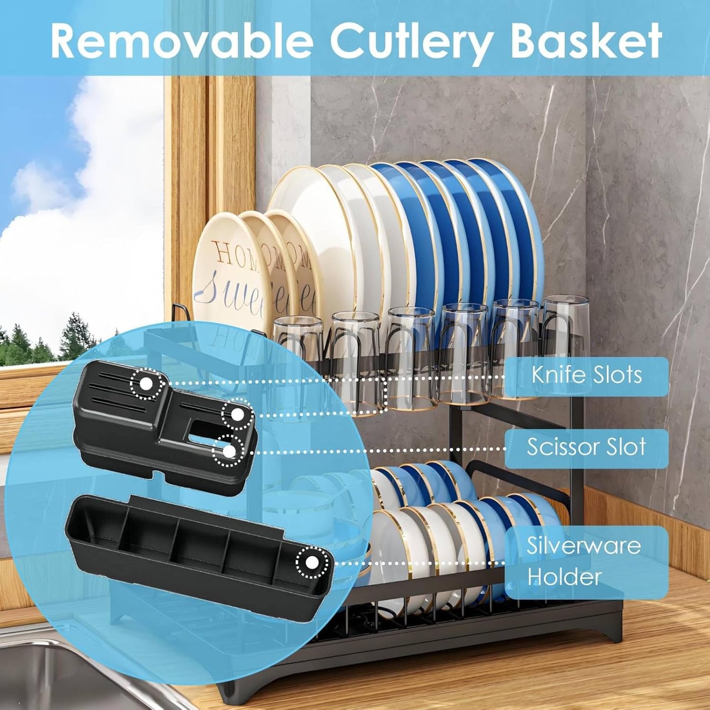 Dish Drying Rack for Kitchen Counter 2 Tier Iron Dish Drainer with Removable Cutlery Basket, Black
