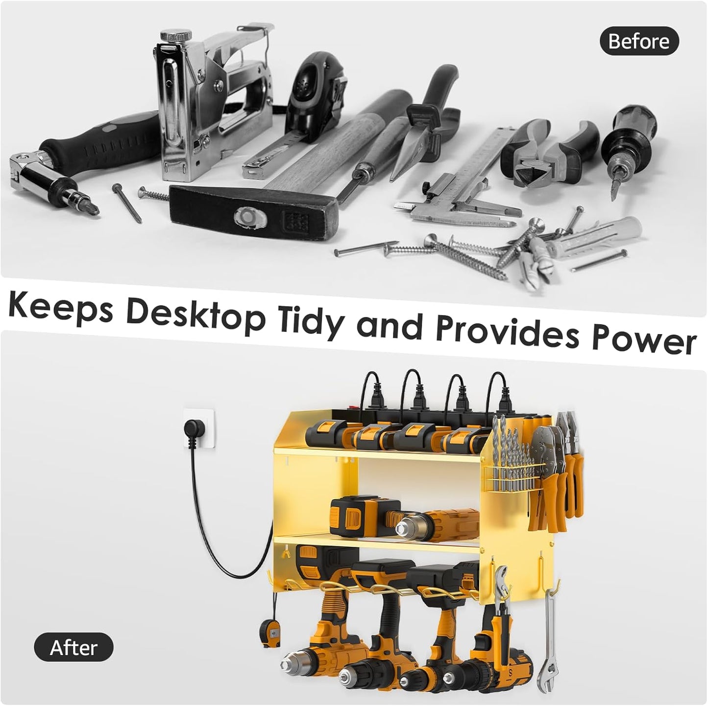 CCCEI Modular Power Tool Organizer Wall Mount with Charging Station. Garage 4 Drill Storage Shelf with Hooks, Drill Bit Heavy Duty Rack, Gold Tool Battery Holder Built in 8 Outlet Power Strip.