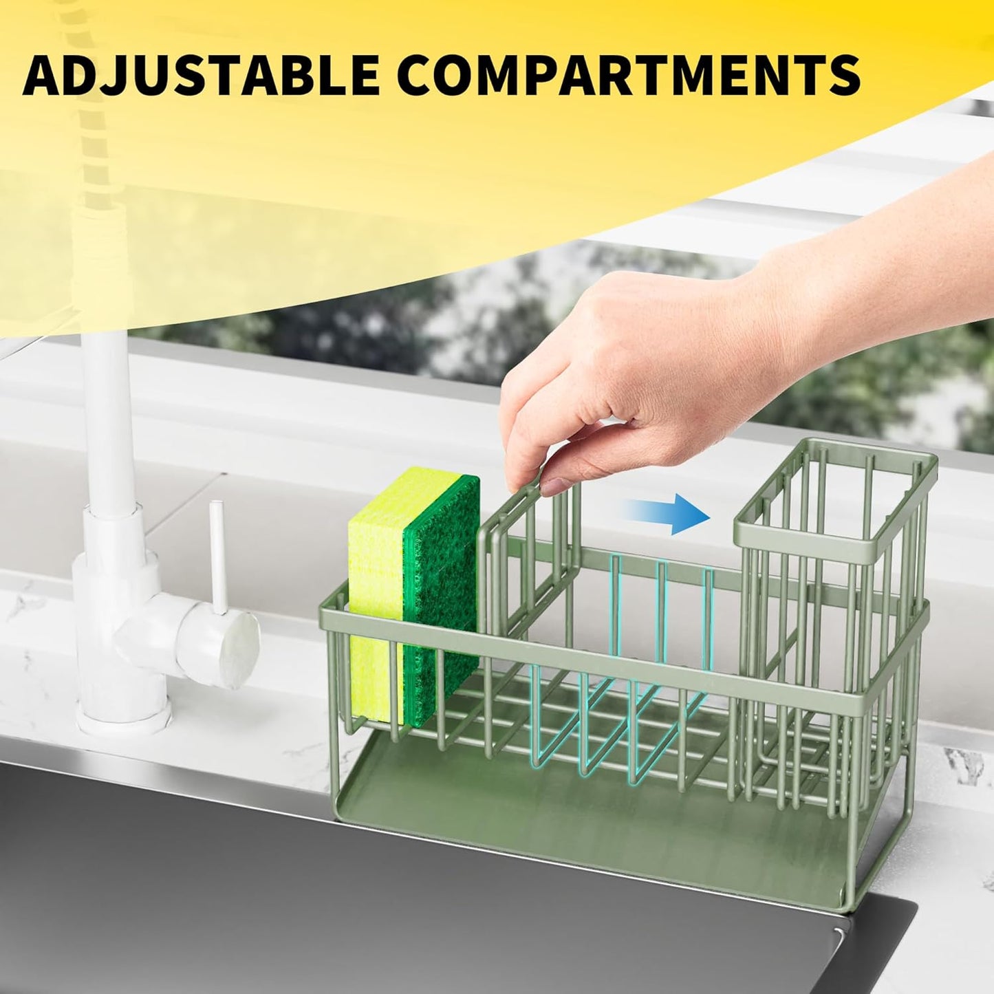 Cisily Kitchen Sink Caddy - Sponge Holder and Organizer with High Brush Holder, 304 Stainless Steel, Sage Green