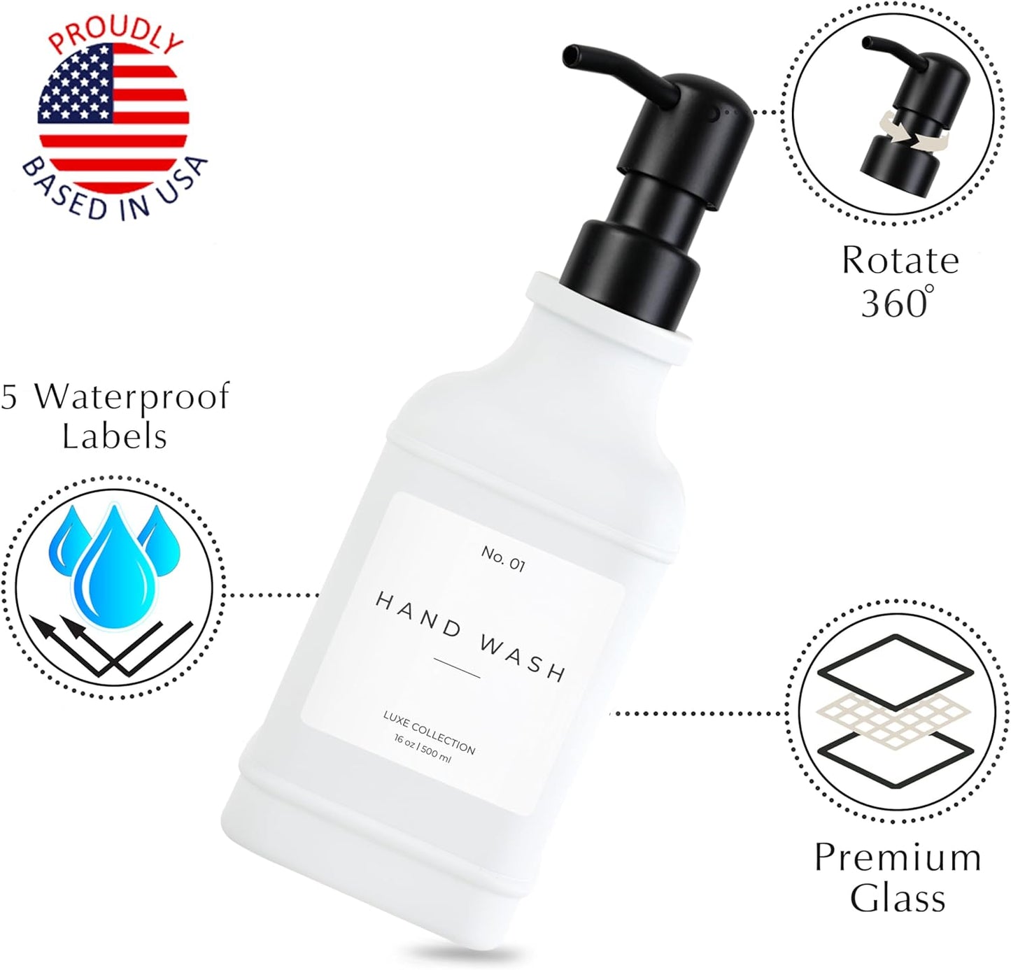 Emerson Essentials Glass Soap Dispenser Set – 16 oz 2-Pack – Refillable Dish & Hand Soap Dispensers for Kitchen or Bathroom – Stainless Steel Pump & Waterproof Labels Included