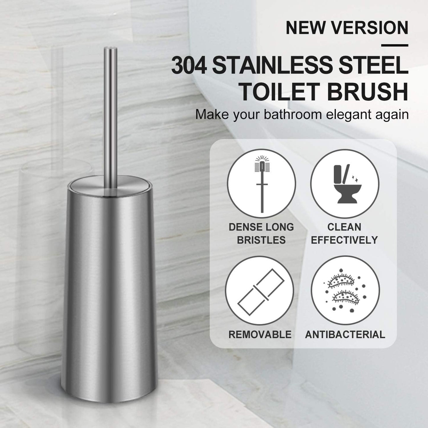 Toilet Brush and Holder, 2 Pack Toilet Brush with 304 Stainless Steel Long Handle, Toilet Bowl Brush for Bathroom Toilet-Ergonomic, Elegant,Durable (Silver)