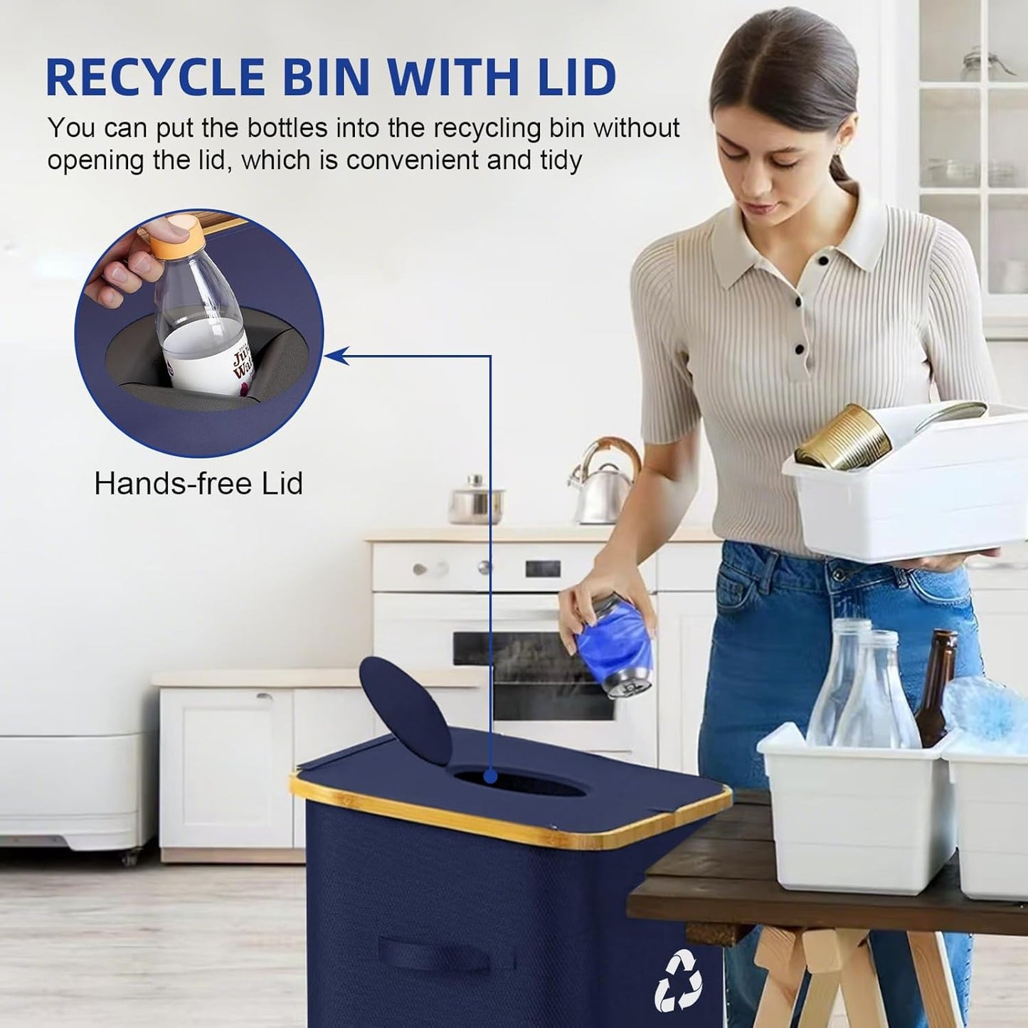 26 Gallon Recycling Bin for Kitchen, 100L Recycle Bin with Lid, Recycle Bins for Kitchen with 4 Wheels(Lockable),2 Reusable Inner Bags, for Bottle Can Glass Plastic Stickers, Dark Blue