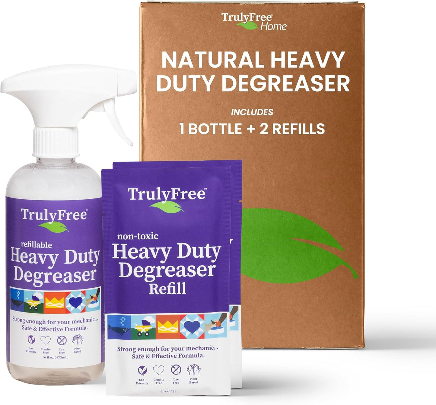 Truly Free Heavy Duty Degreaser- Grease Remover & Grime Cleaner for Kitchen, Automotive & More, Household Cleaning Supplies, Fragrance-Free, Includes 16 oz Reusable Empty Bottle & 2 Refills (4 oz)