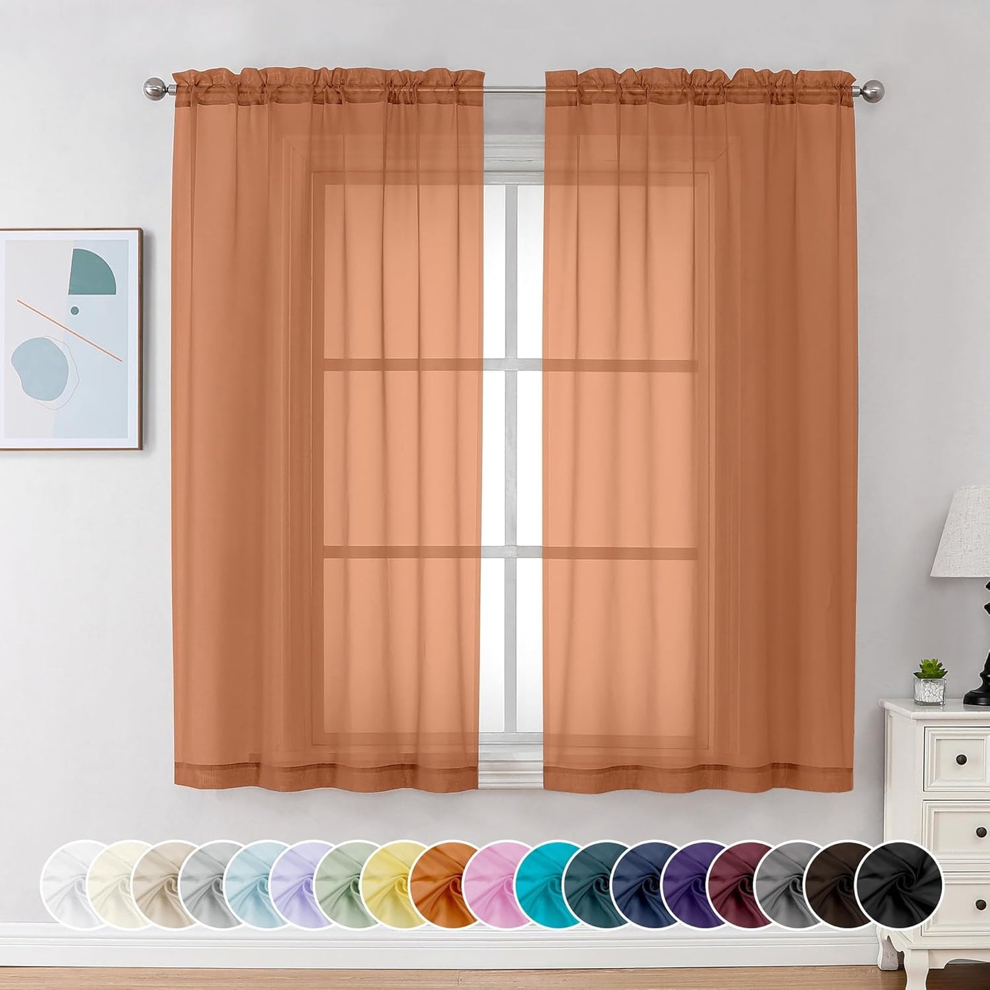 Chyhomenyc Orange Sheer Curtains 54 Inch Long 2 Panels, Short Voile Drapes for Dinning Small Windows Bathroom Living Room Bedroom, Rod Pocket, 42Wx54L Inches