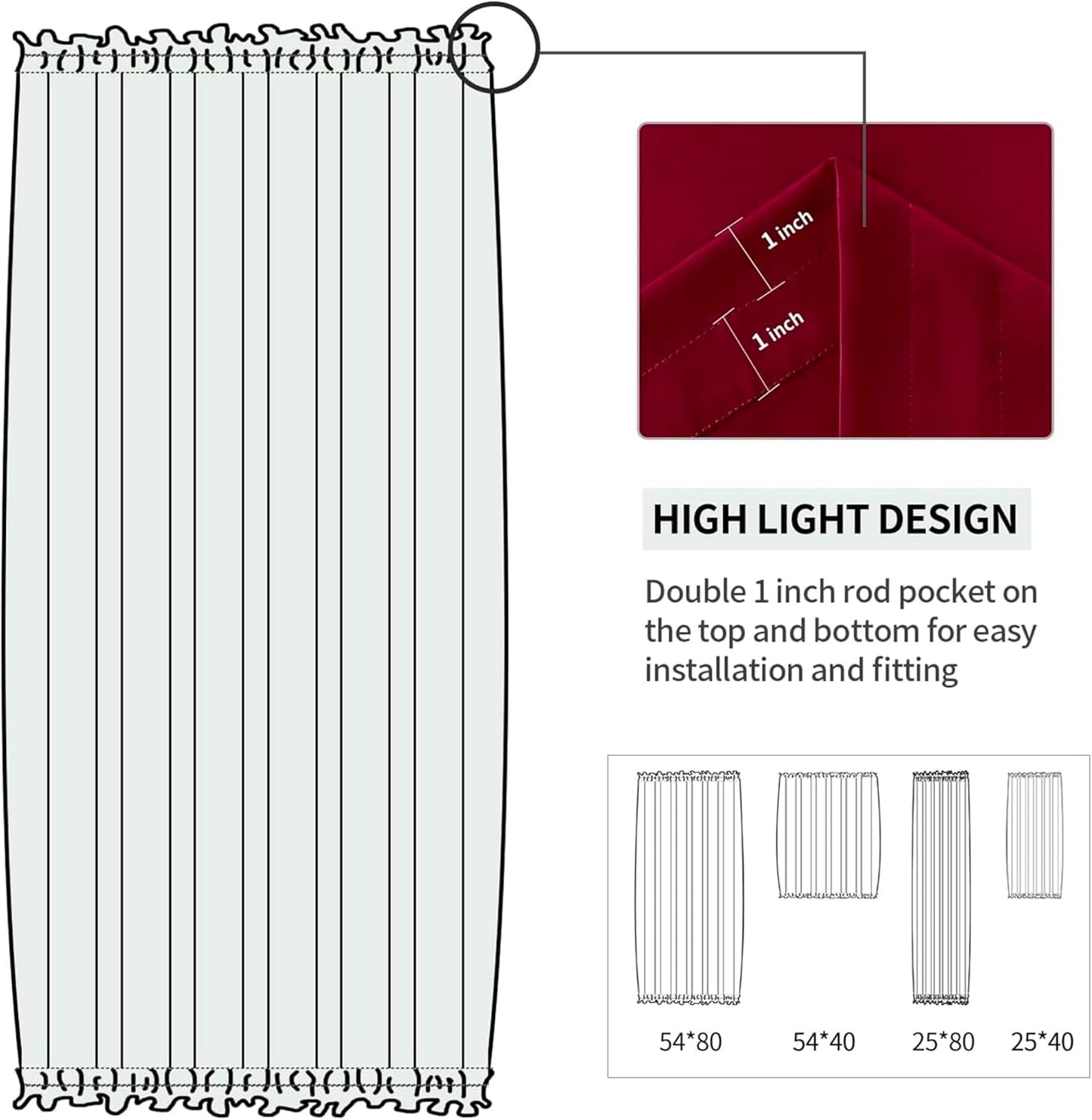 DWCN French Door Curtains - Rod Pocket Thermal Blackout Panel for Glass Window, Kitchen and Patio - Privacy, 25 X 80 Inches Long, 1 Panel With Tieback, Burgundy