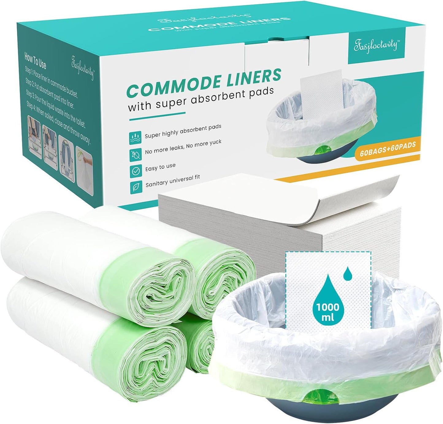 60 Pack Commode Liners with Super Absorbent Pads, Disposable Leakproof Bedside Commode Bags, Universal Fit for Standard Toilet Chair Buckets(60 Bags+60 Pads) (60PACK)