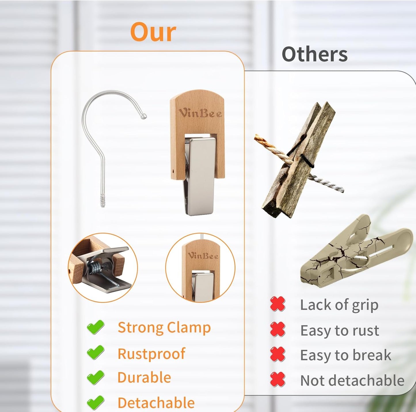 VinBee 6 PCS Hooks with Clips for Hanging,Wooden Laundry Hooks Hanging Clips Hook,Clothes Pins with Hook,Wooden Closet Organizer Clamps Clothes Clip Laundry Clip with Hook for Pants Hats Socks Gloves