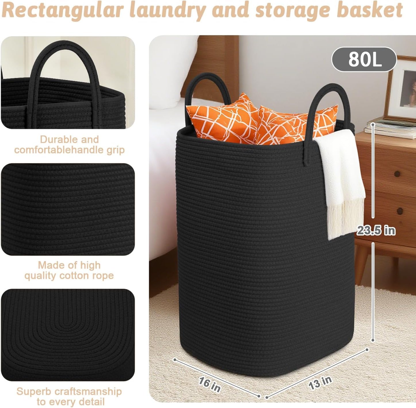 Laundry Basket,Woven Cotton Rope Laundry Hamper,80L Versatile Storage for Dirty Clothes,Baby Toys,and Blankets in Bathroom, Nursery,and Living Room