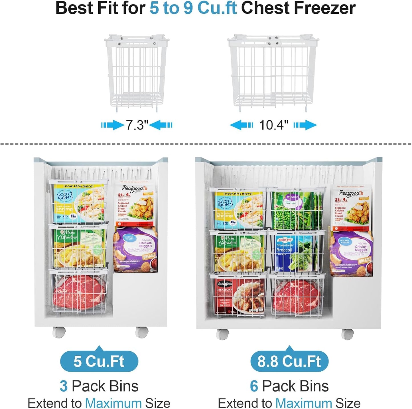 iSPECLE Chest Freezer Organizer Bins - 6 Pack Large Adjustable Freezer Organizer Bins for 5 to 9 Cu.FT Deep Freezer, Easy Access & Stackable Chest Freezer Organizer Hold More Food, White
