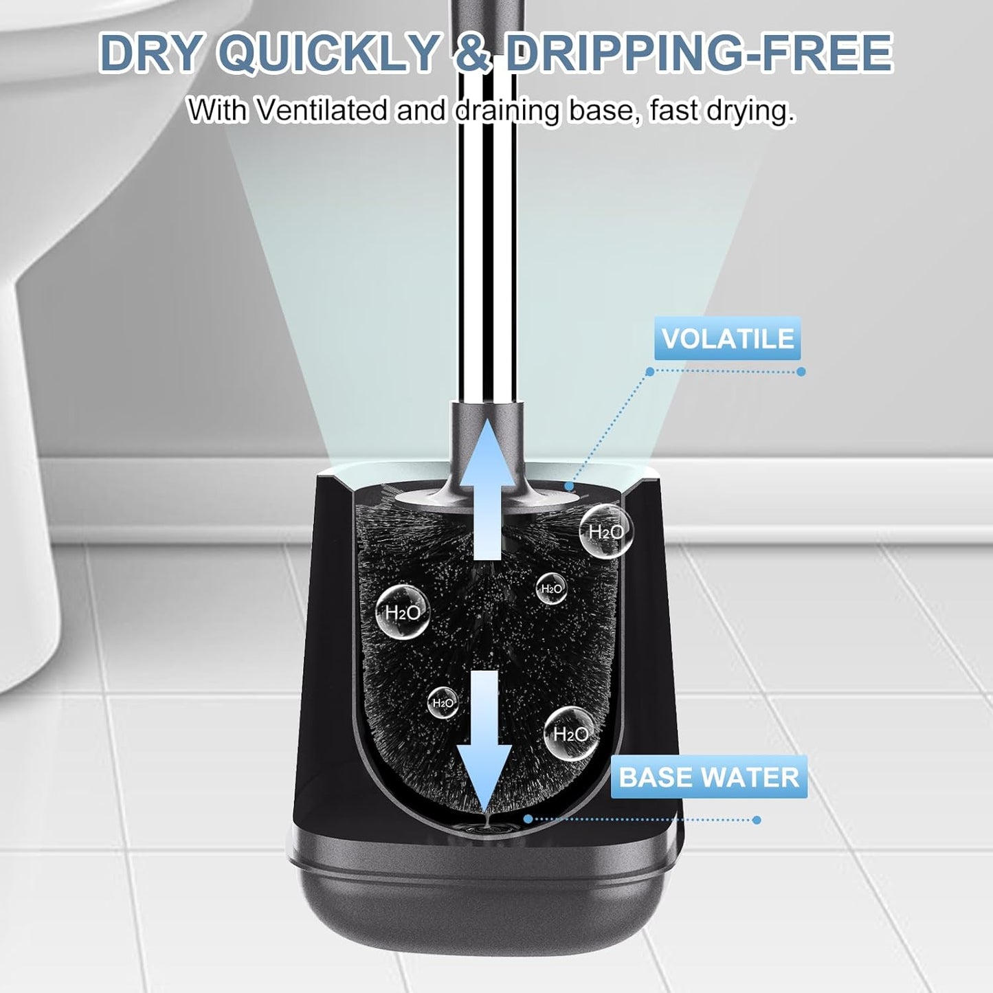 SetSail Toilet Brush and Holder 3 Pack, Self Closing Lid Toilet Bowl Brushes Holder Extra Long Handle Ventilated Toilet Brush Set for Bathroom Cleaning, Nylon Bristles, Grey