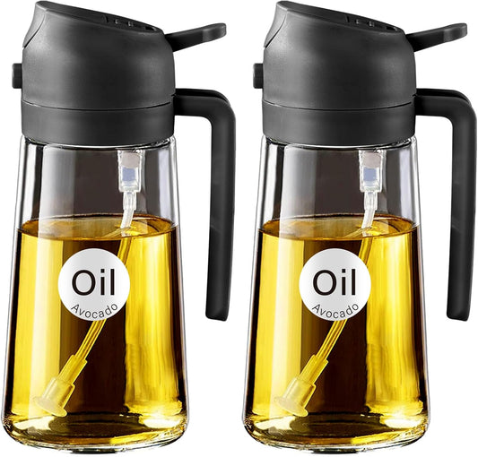 YARRAMATE 2Pcs 16oz/470ml Olive Oil Dispenser, Food-grade 2 in 1 Oil Glass Sprayer for Cooking, Kitchen, Air Fryer, Salad, Frying, BBQ (Black)