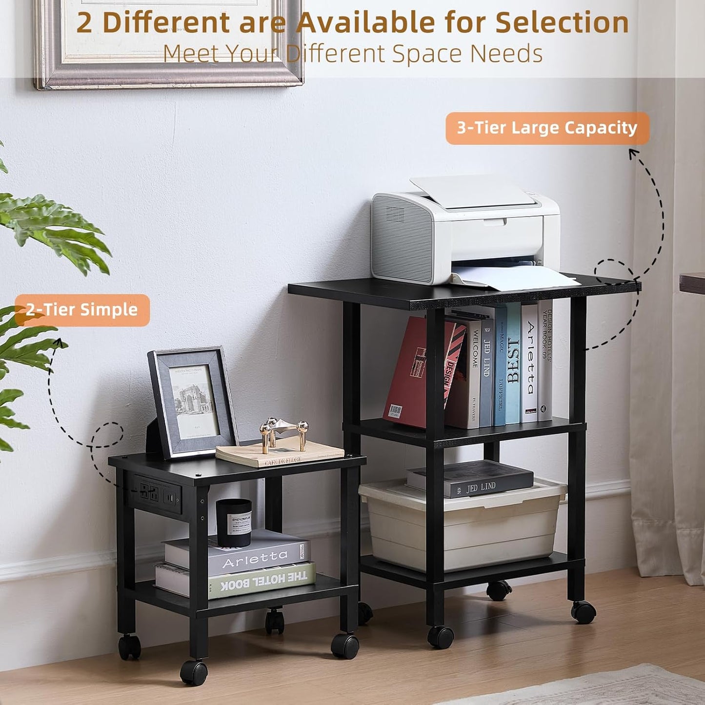 Lerliuo 3 Tier Printer Stand with Storage, Printer Table for Home Office, Wooden Rolling Printer Cart Shelf with Lockable Wheels fit Fax Machine, Scanner(Black)