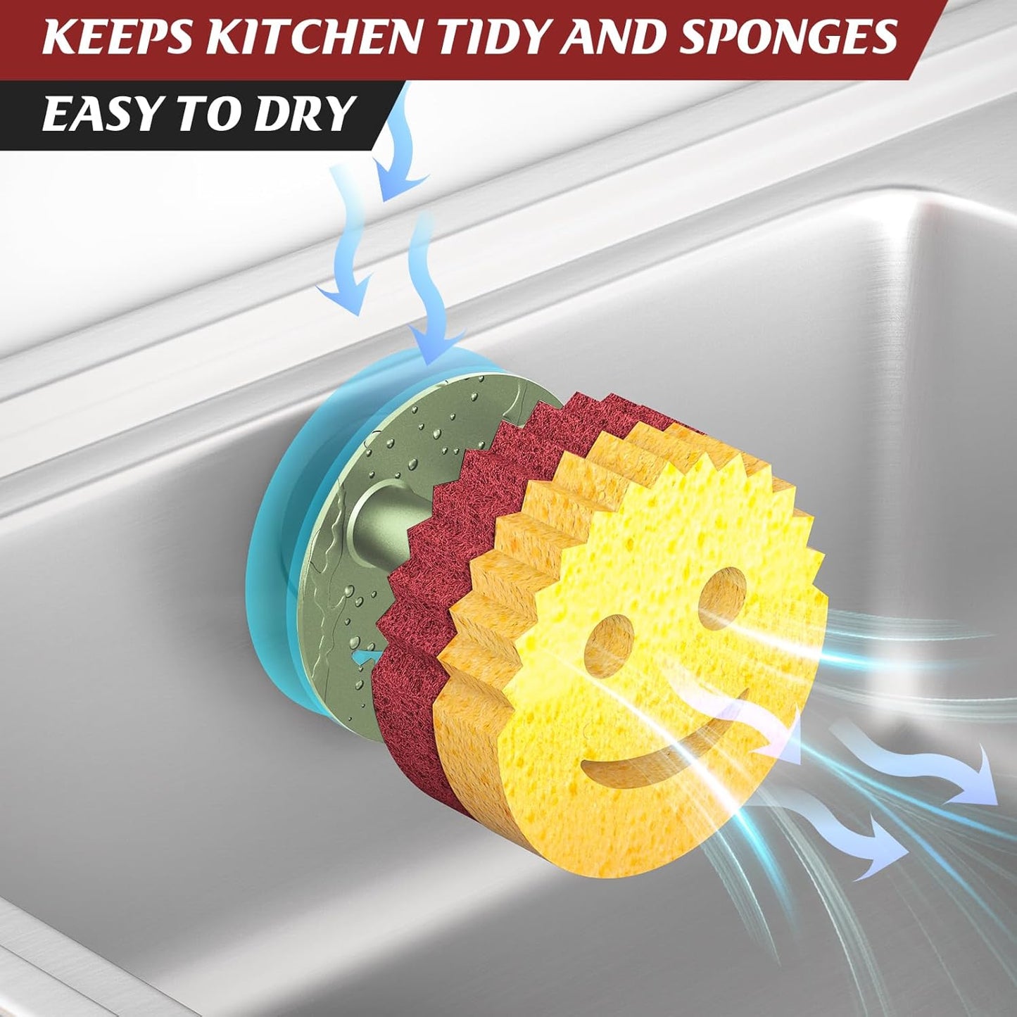 Sponge Holder for Kitchen Sink,Sink Caddy Organizer with Suction Cup Installation for Kitchen/Bathroom, Self Draining,Sponge Caddy for Holding Smiley Sponges-Green