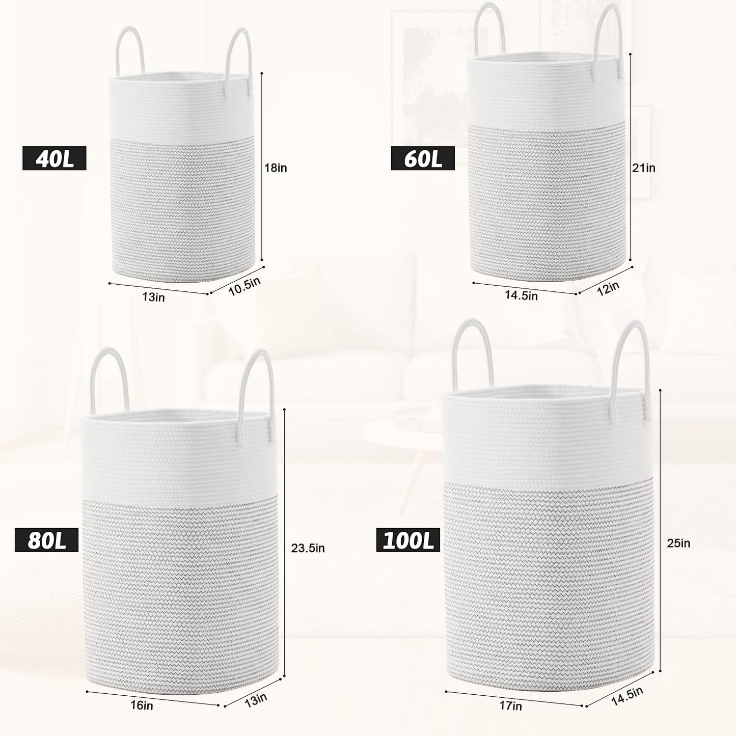 Laundry Basket,Woven Cotton Rope Laundry Hamper,Versatile Storage for Dirty Clothes,Baby Toys,and Blankets in Bathroom, Nursery,and Living Room (White, 40L)