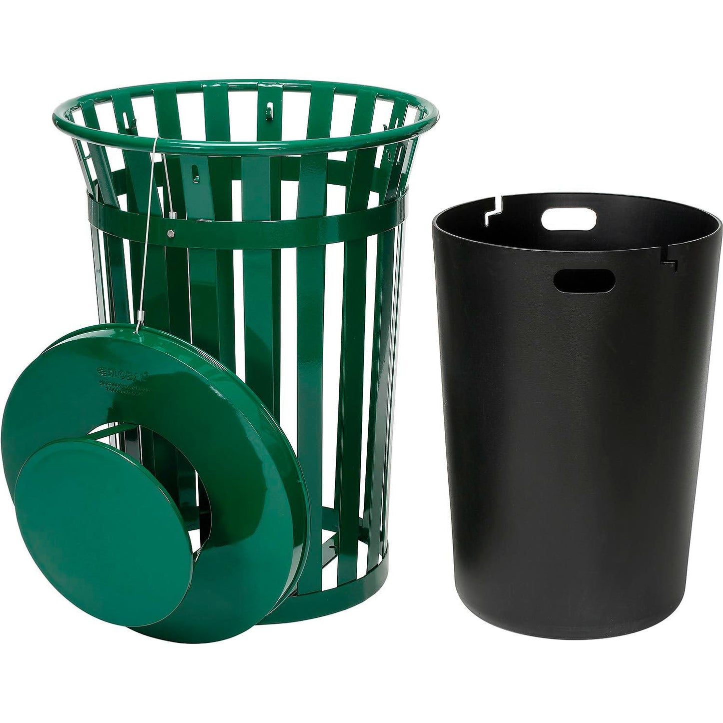 Global Industrial Heavy-Duty 36 Gallon Capacity Outdoor Metal Slatted Trash Receptacle with Rain Bonnet Lid & Plastic Liner, Green, Commercial & Industrial Trash Can