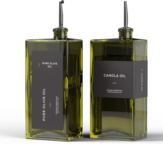 Olive Oil Dispenser for Kitchen, 16.9 oz/ 500 ml Olive Oil Dispenser Bottle, Glass Oil Bottles for Kitchen with 4 Stainless Steel Pourers, 40 Labels, 2 Pcs, Green