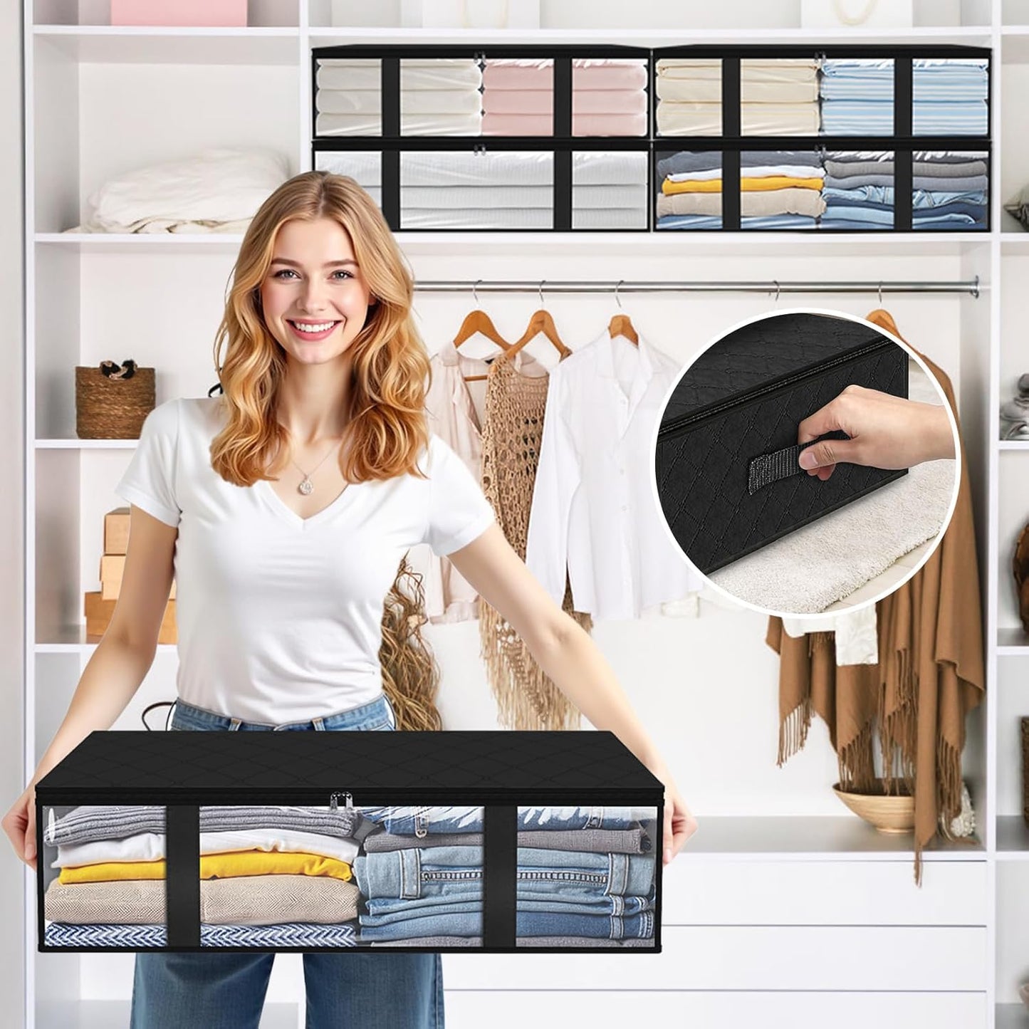 StorageRight Under Bed Storage Bins, 8-Pack 40L Foldable Fabric Storage Bags with Transparent Window, Breathable Organizer for Clothes/Blanket/Comforter/Quiltr, Black