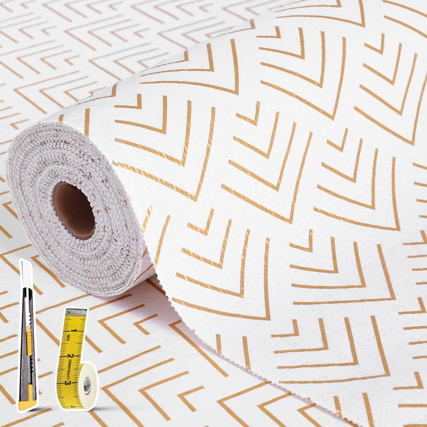 Shelf Liner for Kitchen Cabinets Non Adhesive Drawer Liner Non-Slip Thickened Shelf Liner Paper Strong Easy to Clean for Tool Box Refrigerator with Knife and Tape Measure, Gold Arrow, 23.6 x 236.2 in