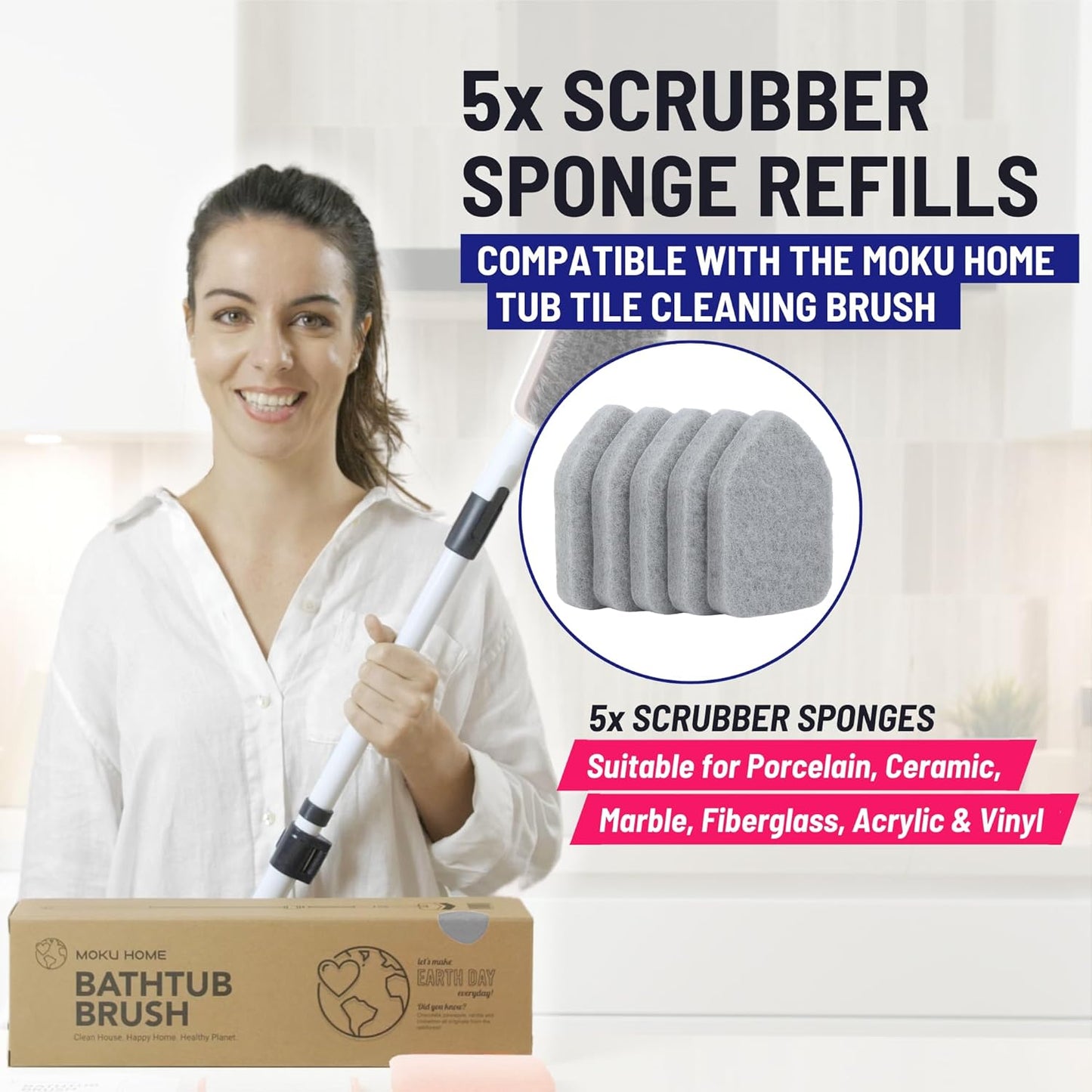 Replacement Scrubber Refill for Moku Home Extendable Tub Tile Shower Brush for Cleaning Non-Scratch (5X Scrubber Sponge Gray)