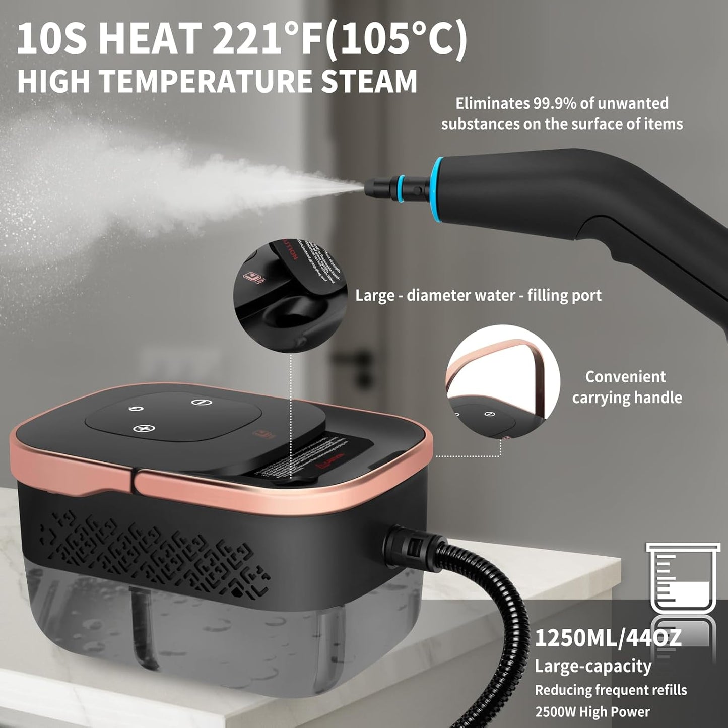 2500W Portable Handheld Steam Cleaner, High Temperature Pressurized Steam Cleaning Large Capacity 10s Fast Heating Steamer for Car Detailing, Furniture, Couch, Bed Bugs, House, Windows (BLACK)