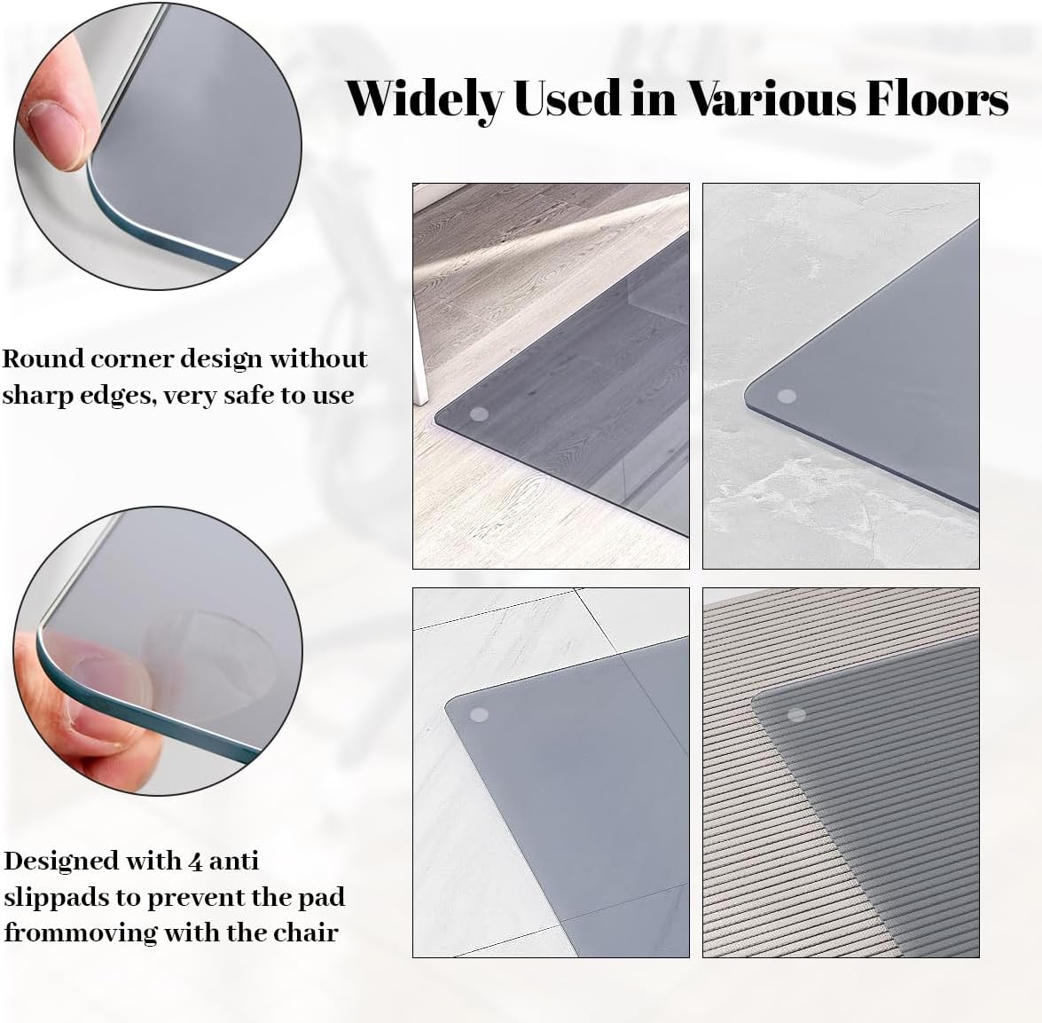 Tempered Glass Floor Mat for Office Chair, 36" x 46" Heavy Duty Hard Office Chair Mat, for Carpeted or Hard Floor, with 4 Anti-Slip Pads, Grey