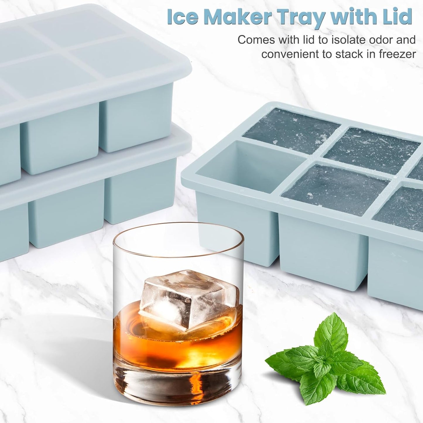 Large Silicone Ice Cube Tray 3Pack, SAWNZC Big Square Ice Cube Molds for Whisky Cocktail, Ice Maker Tray with Lid for Freezer, Easy Release (2, Blue)