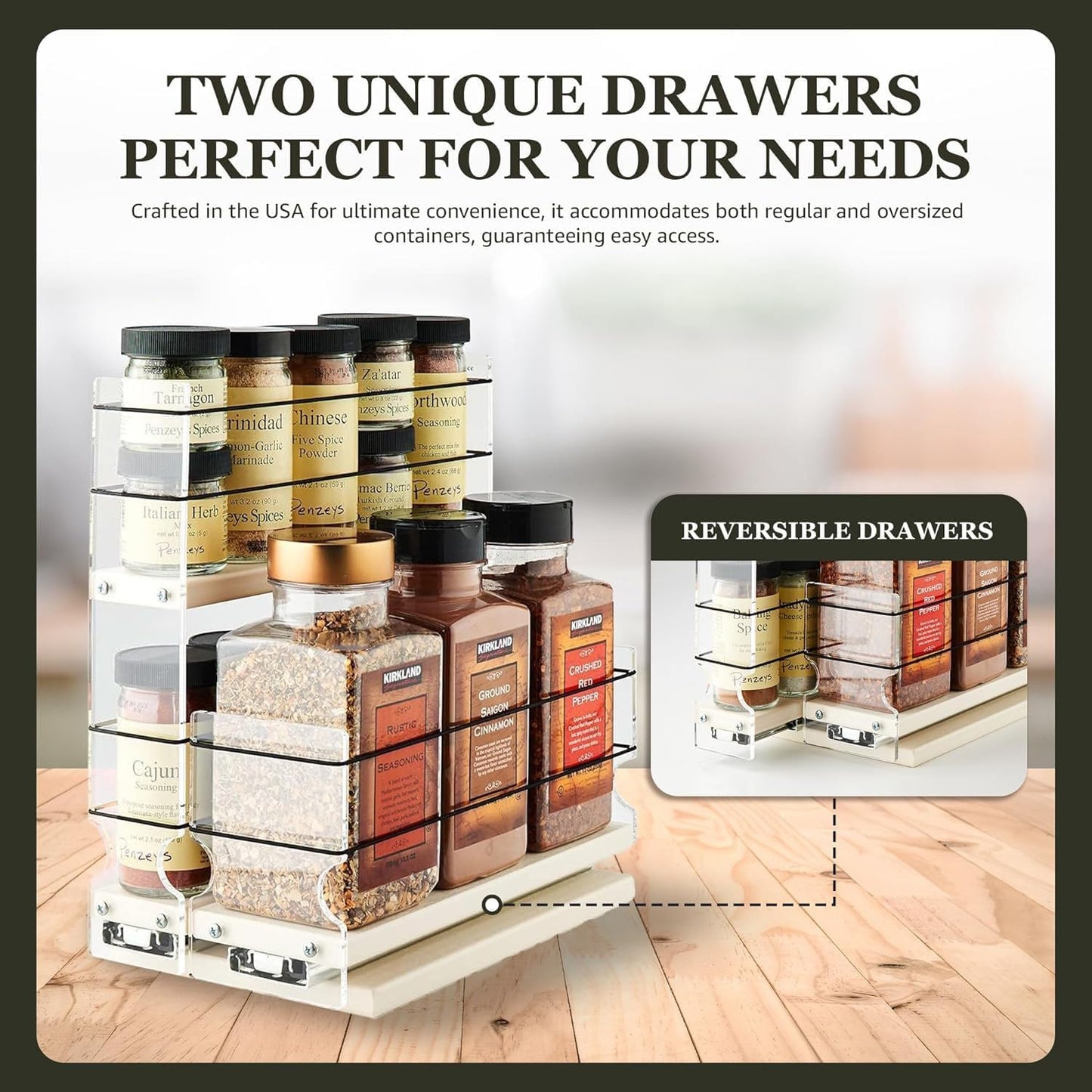 Vertical Spice Combo Spice Rack Drawer - Pull Out Pantry Organizers and Storage - Kitchen Cabinet Organizer - Seasoning Sliding Caddy - Made in USA (5.75" W x 10.75" H x 10.60" D, Partially Assembled)