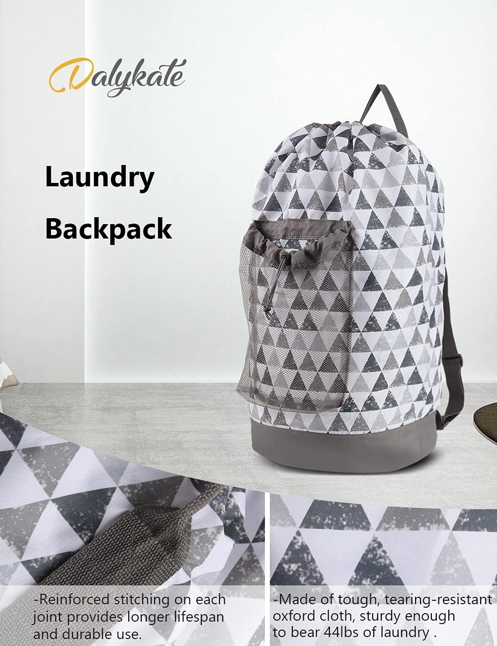 Dalykate Backpack Laundry Bag, Laundry Backpack with Shoulder Straps and Mesh Pocket Durable Nylon Clothes Hamper Bag with Drawstring Closure for College, Travel, Laundromat, Apartment