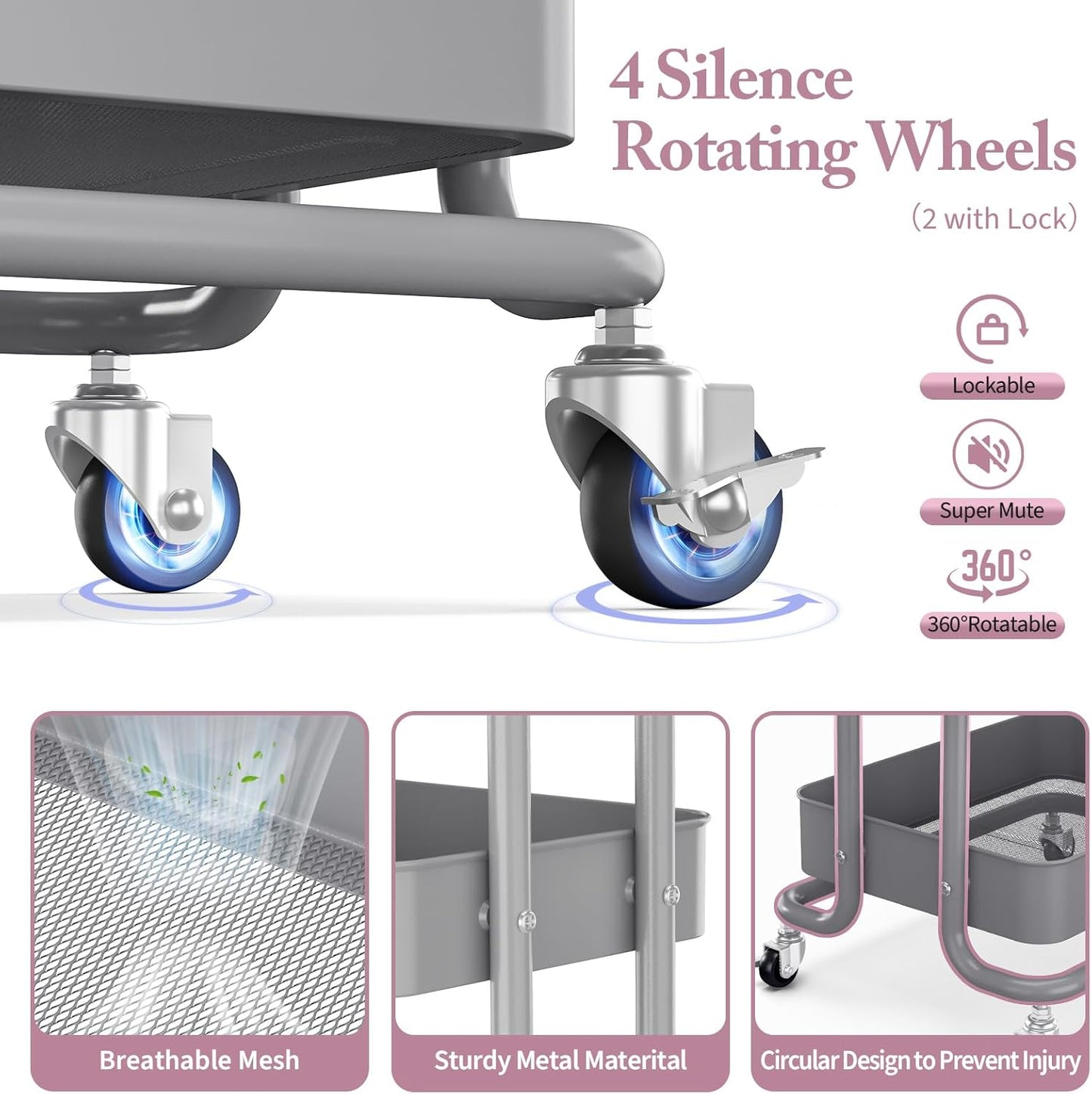 KINGRACK 3 Tier Metal Rolling Cart, Kitchen Organizers and Storage, Slim Storage Cart on Wheels, Laundry Room Organization, Diaper Cart Shelving Unit for Bathroom, Office, Bedroom, Grey