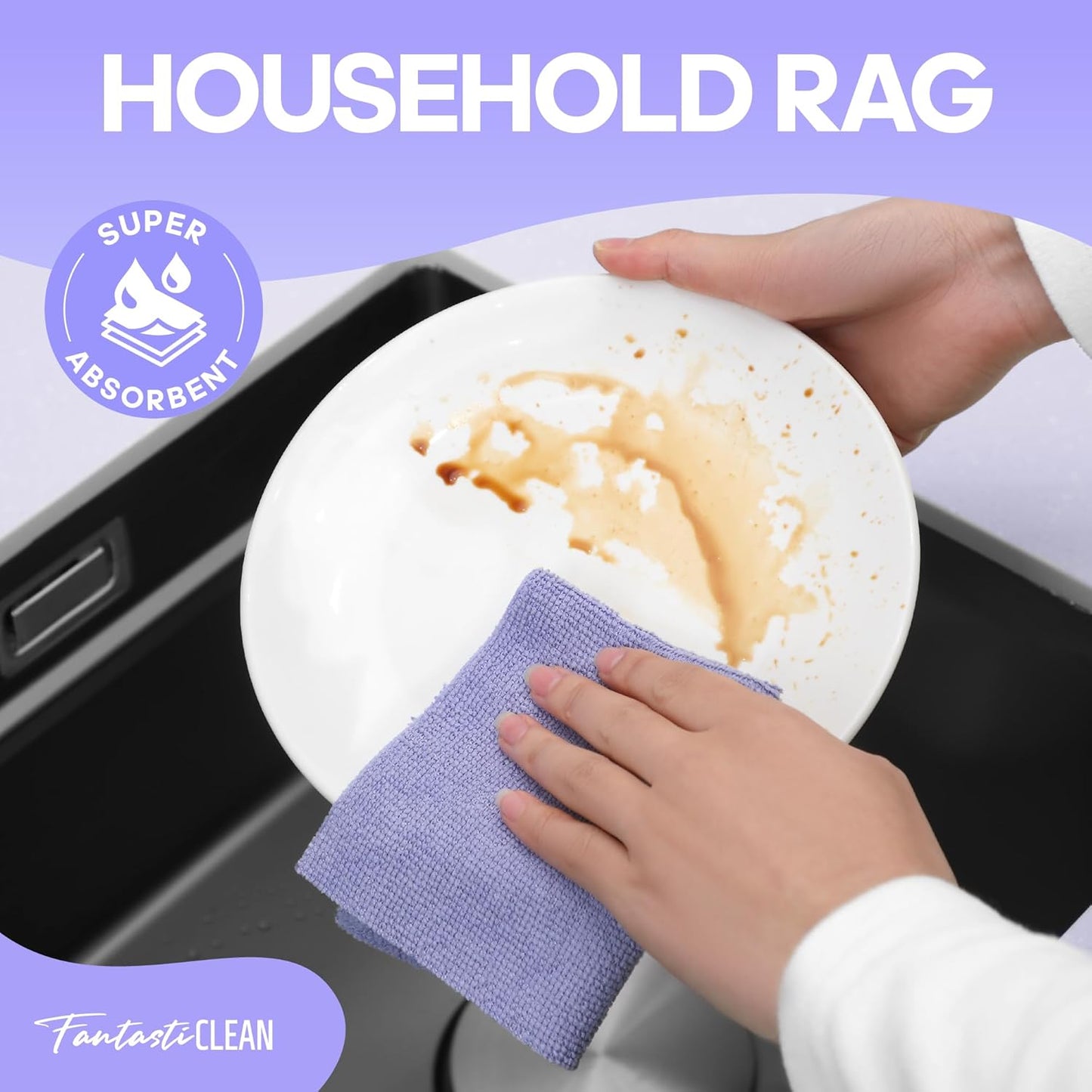 Fantasticlean Microfiber Cleaning Cloth Roll -60 Pack, Tear Away Paperless Towels, 8" x 8", Reusable Washable Rags, for Home Kitchen, Pet, Office, Indoor Outdoor, Compact and Portable (Light-Purple)