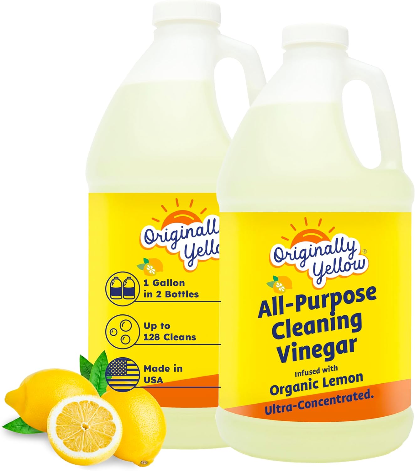 Originally Yellow Lemon Vinegar For Cleaning Purpose | USA Made All Purpose Cleaner | Use as a Floor, Glass, Kitchen, & Bathroom Cleaner | Plant Derived Vinegar 1 Gallon in 2 bottles | 128 Oz