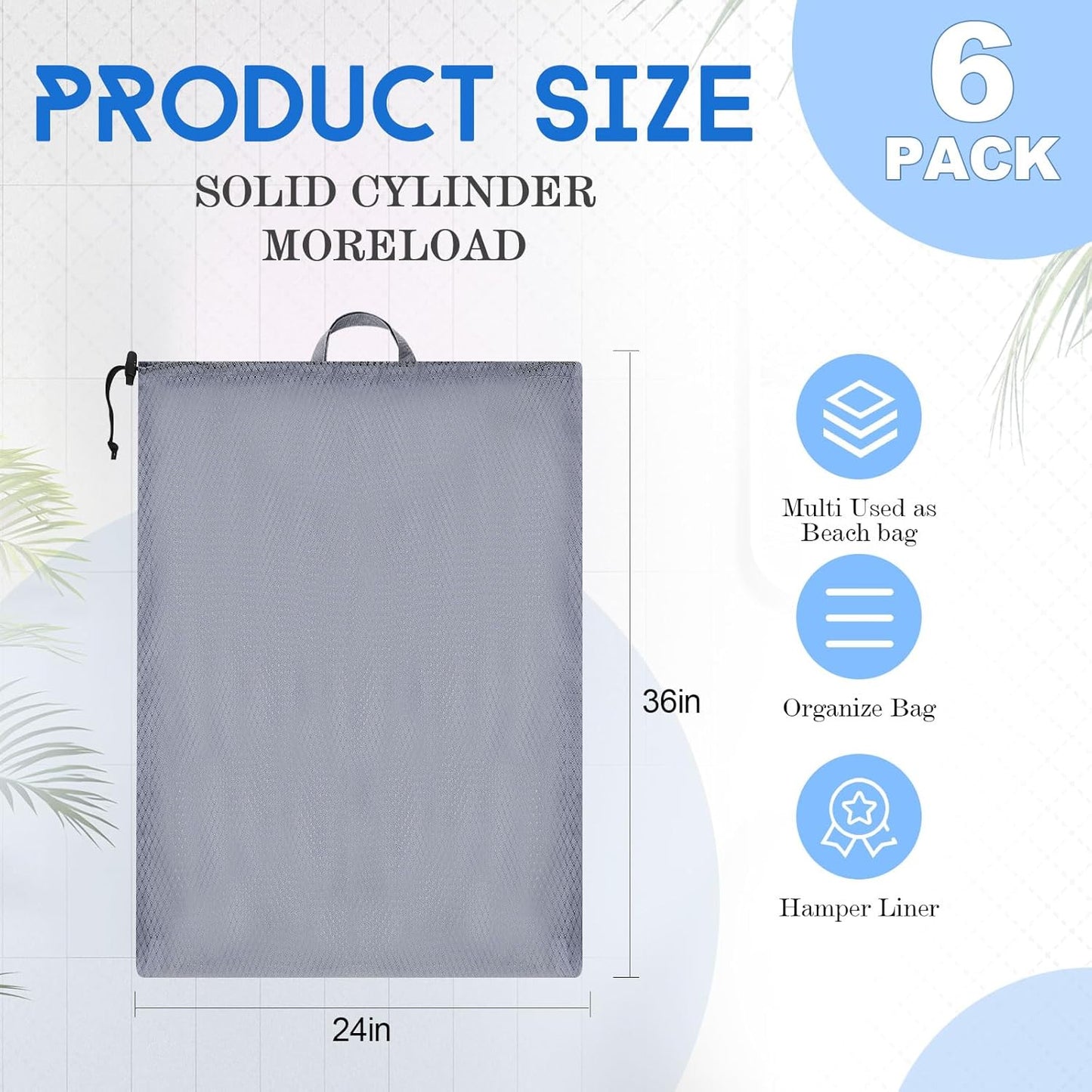 6 Pack 24 x 36 Inches Blue Mesh Laundry Bag with Handles Machine Washable Secure Drawstring Closure Large Sturdy Mesh Net Laundry for College Travel Dorm Laundromat