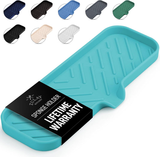 Zulay Large Silicone Sponge Holder (12x4) – Flexible Sink Organizer Tray for Kitchen & Bathroom – Multipurpose Soap Dish for Sponges, Makeup, Trinkets & More (Aqua Sky)