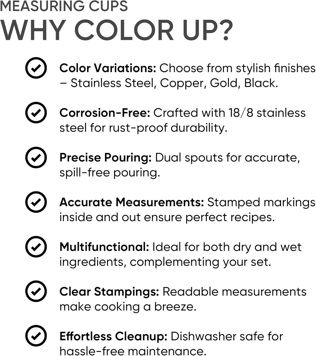 Color Up 2 Cup Measuring Cup, 480ml Gold Stainless Steel Metal Measuring Scoop, Easy-Pour Spouts, Engraved Markings, for Dry & Liquid Ingredients