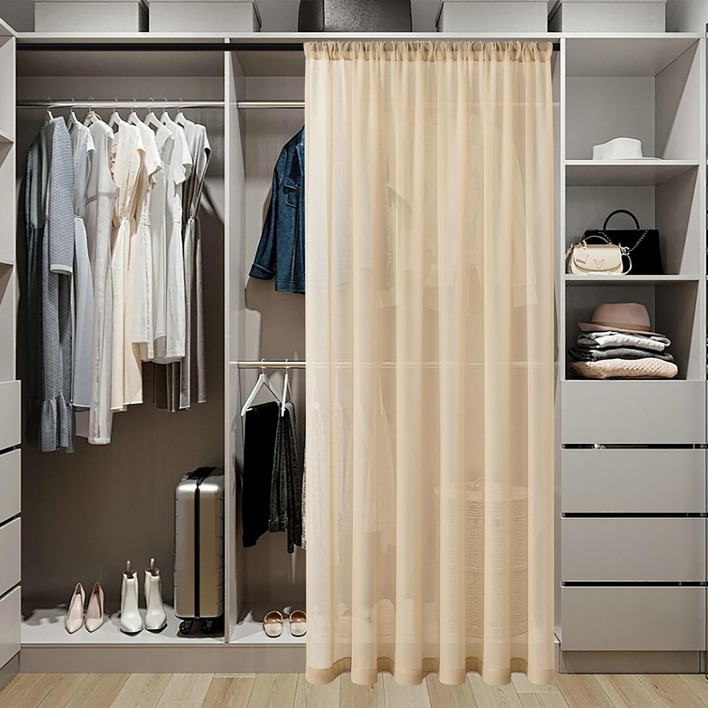 Tollpiz Sheer Door Curtain Closet Linen Textured Curtains Sheer Doorway Light Filtering Voile Patio Glass Door Rod Pocket Curtain French Door, 54 x 72 inches Long, Beige, Set of 1 Panel