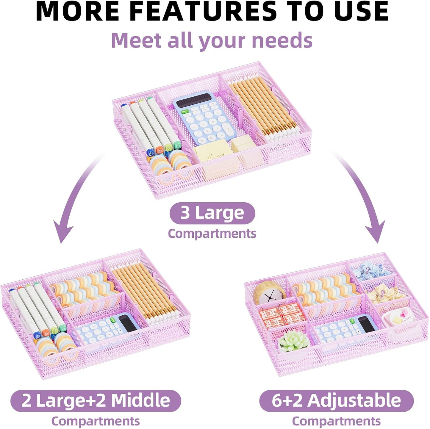 Marbrasse 2 Pack Desk Drawer Organizer, Mesh Drawer Organizer Tray with 8 Adjustable Compartments, Desk Organizers and Accessories, 5 Dividers Drawer for Office Supplies, Makeup & Vanity (Purple)