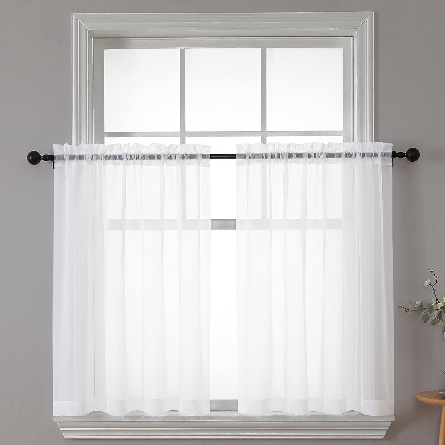 Chyhomenyc White Sheer Curtains 30 inch Length 2 Panels, Light Filtering Voile Rod Pocket Short Window Curtians for Bathroom Living Room Farmhouse Small Windows, 42Wx30L inches