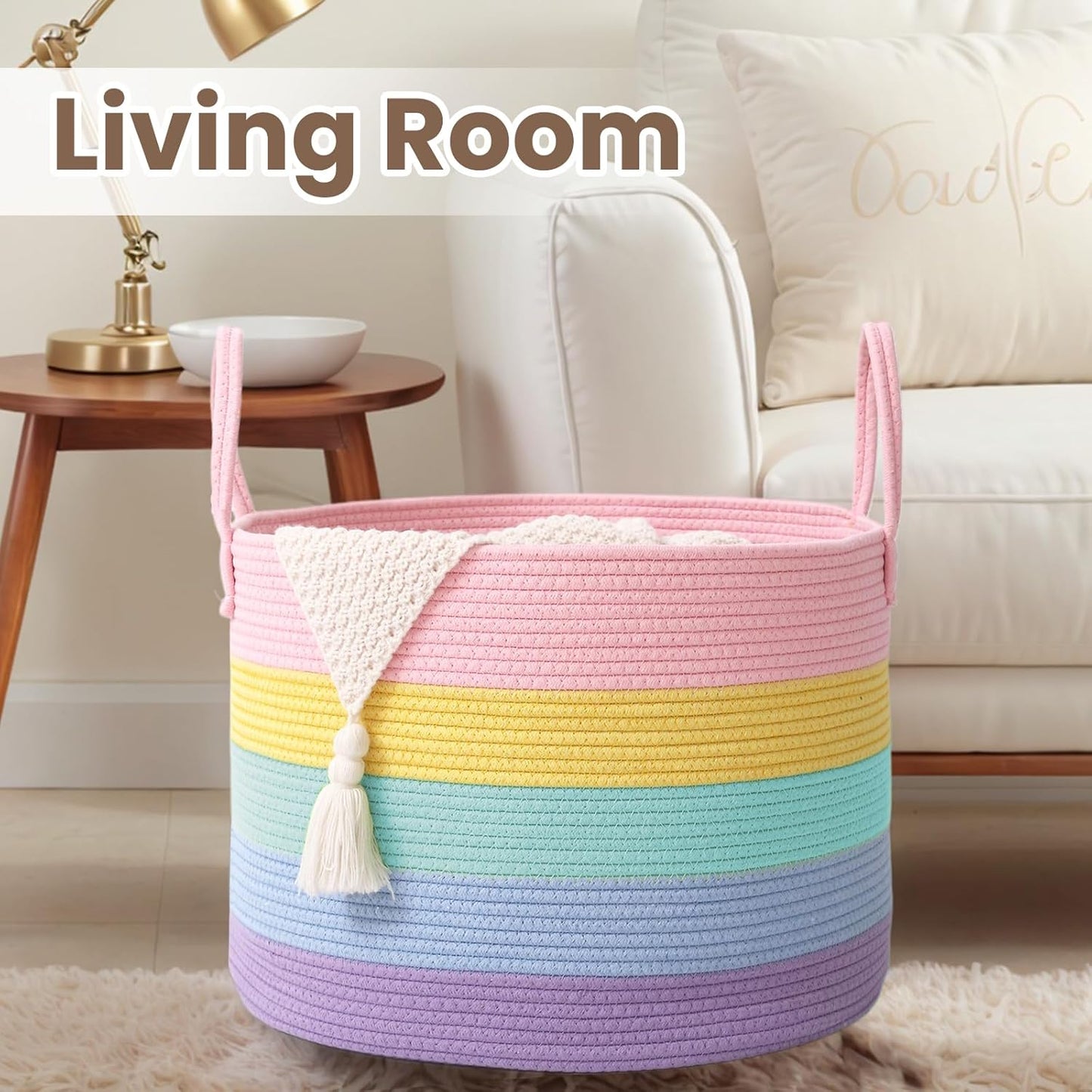 Woven Blanket Basket,65L Large Rope Storage Bin with Handles, Organizer for Blankets Toys Book and Clothes, Laundry Basket for Living Room Bedroom Nursery,Rainbow