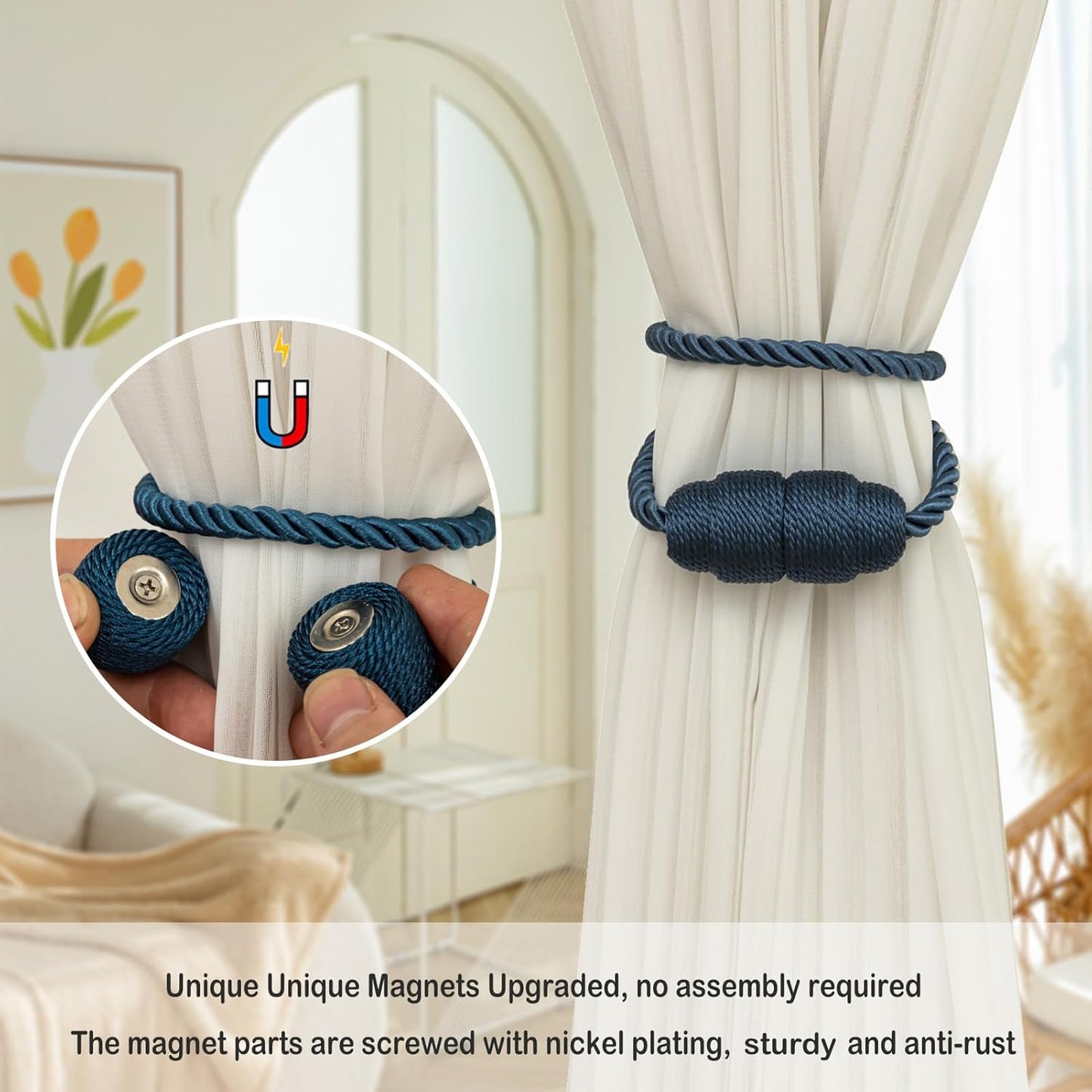 Magnetic Curtain Tiebacks - Rope Tiebacks for Curtains & Drapes, Decorative Window Holdbacks (4 Pack, Blue)