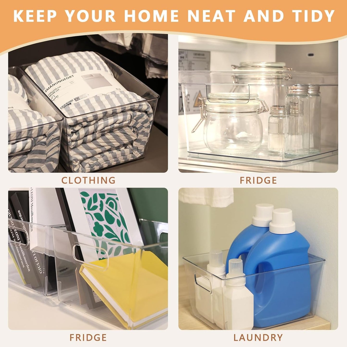 MOONEDGE 8-Pack Clear Plastic Storage Bins — Open-Top PET Containers and Organizers, 11" x 8" x 6" Clear Boxes for Pantry, Garage, Shelf and Multi-Purpose Home Organization