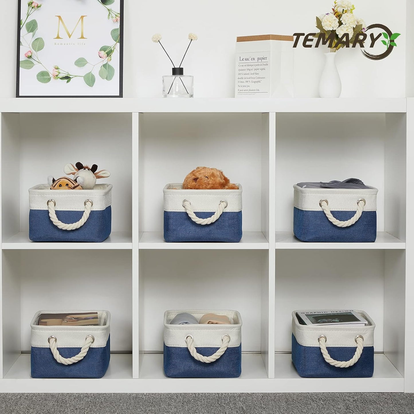 Temary Small Storage Baskets for Shelves, 6 Pcs Empty Gift Baskets for Organizing Clothes, Books, Fabric Storage Bins with Rope Handles (White&Blue,11.8 L x 7.9 W x 5.3 H inches)