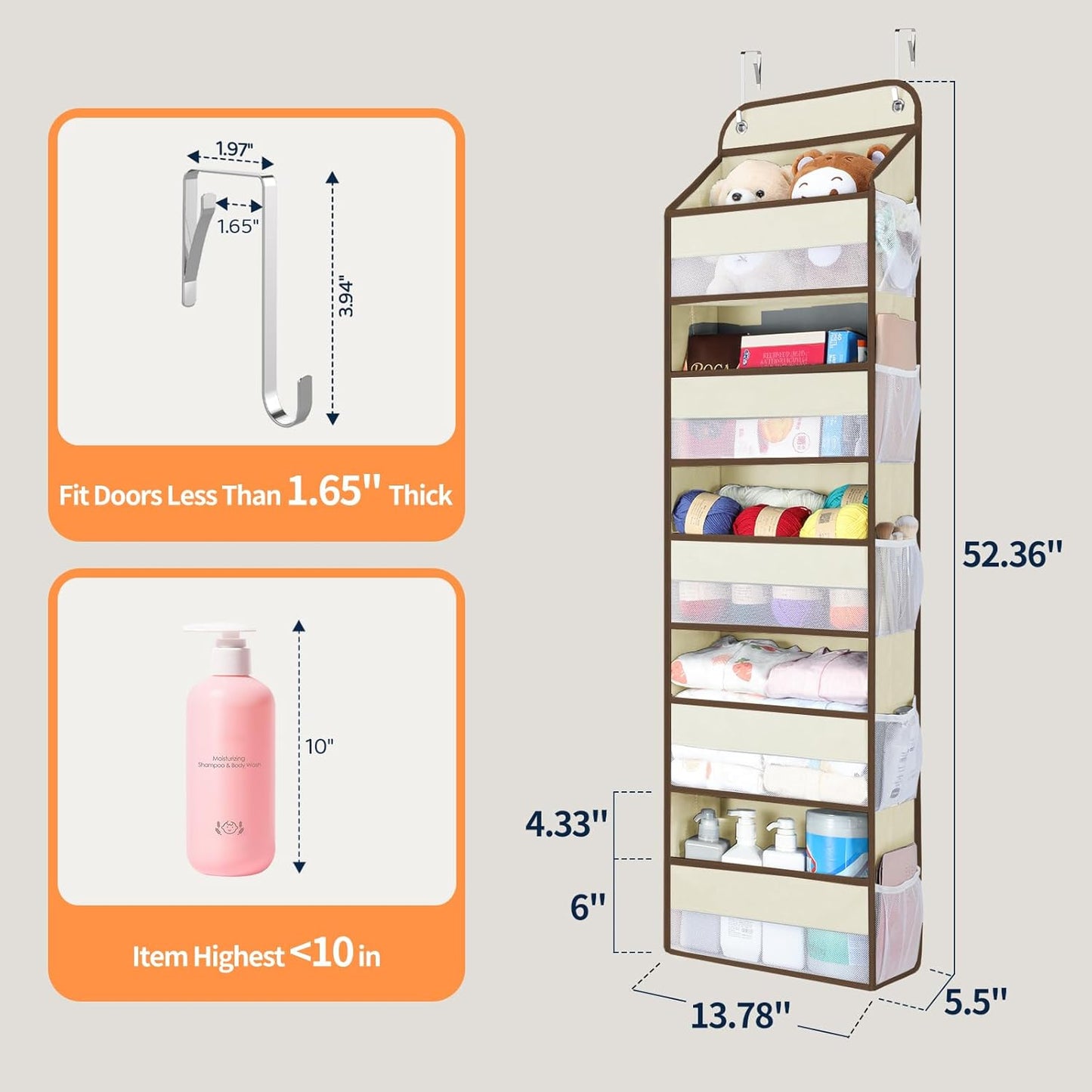 Yecaye Over The Door Organizer Storage, 5-Tier Heavy Duty Door Organizers Hanging with 10 Side Mesh Pockets, 44 lbs Load Capacity Behind Door Storage for Bathroom Nursery Bedroom Dorm Closet, Beige
