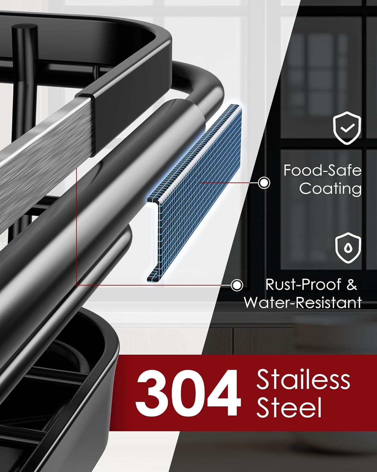 Stainless Steel Dish Drying Rack for Kitchen Counter, Sink Organization and Storage Essentials with Silverware & Utensil Holder, Home and Apartment Decor, 12" W x 15.8~23" L, Black