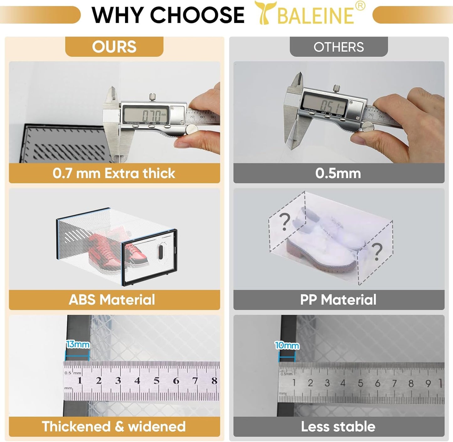 BALEINE 12 Pack Stackable Shoe Storage Boxes Fit Size 11, Thickened Clear Shoe Box Bins with Lids, Plastic Foldable Organizer Sneaker Storage Containers (X-Large, White)