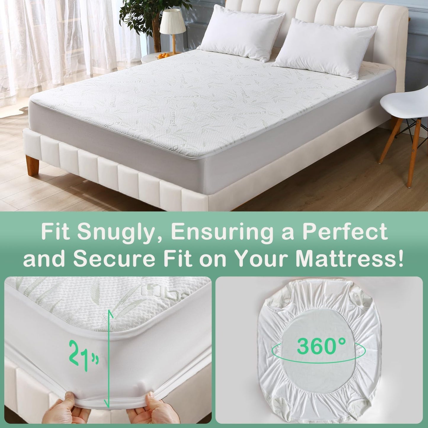 King Mattress Protector Waterproof Mattress Pad Washable Bamboo Rayon Mattress Cover Breathable Noiseless Bed Protector 5" - 21'' Elastic Fitted Deep Pocket