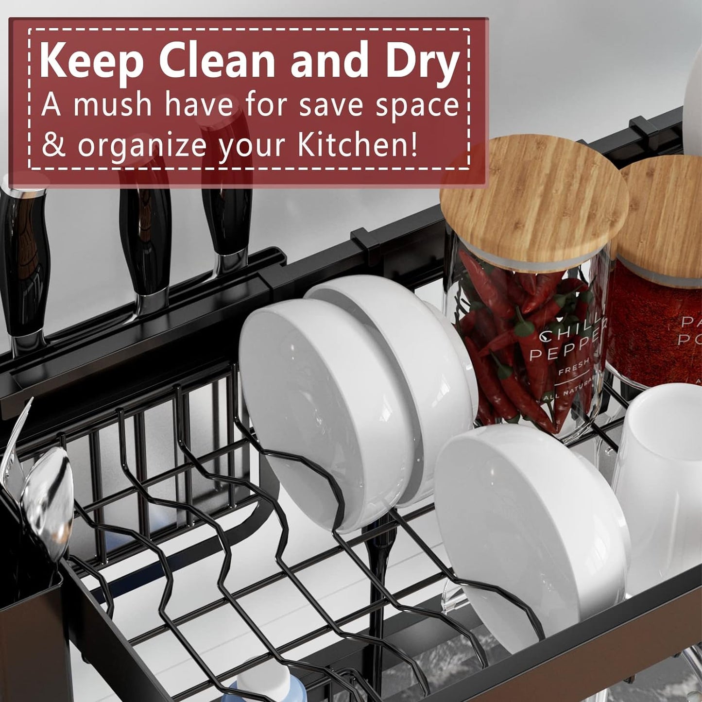 VNKZI Over Sink Dish Drying Rack, 2 Tier Stainless Steel Storage Adjustable Length (25.98'' to 36.61'') Kitchen Rack, Multifunctional Expandable Counter Organizer, Space Saver Dish Rack