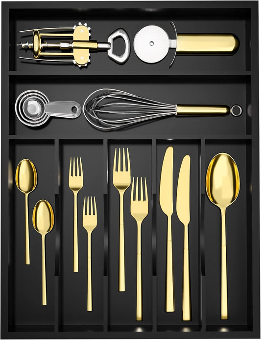 Utensil Organizer Silverware Drawer Organizer - 7 Slots Bamboo Silverware Tray For Kitchen Cutlery Office Supplies Makeup Desk Storage Garage Tool Organization W13”x L17” (Black)